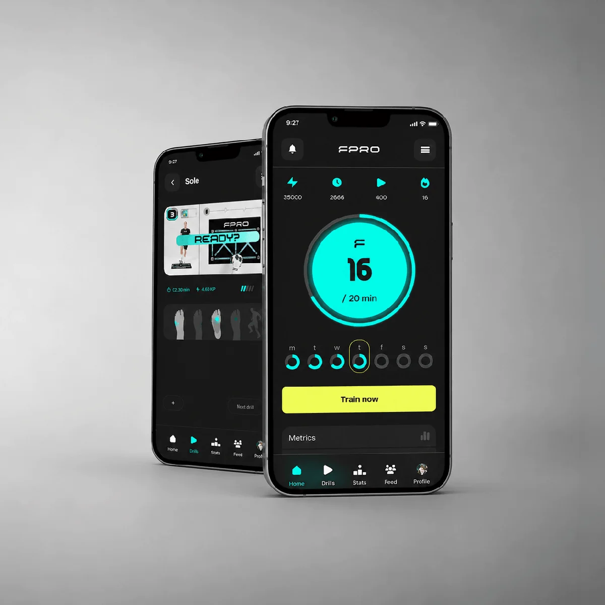 FPRO training app shown on two phones with a guided Ball Mastery session