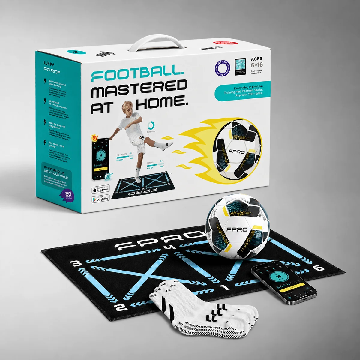 FPRO Complete Kit box with Ball Mastery mat, training football and grip socks